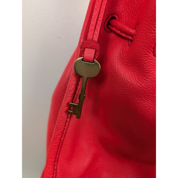 Fossil Purse Neon Pink Leather Bucket Bag Crossbody 9x9" Salmon Drawstring - Picture 4 of 8